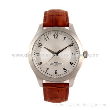 OEM Fashionable Luxury Stainless Steel Watch with Leather Band, 10ATM Water-resistant